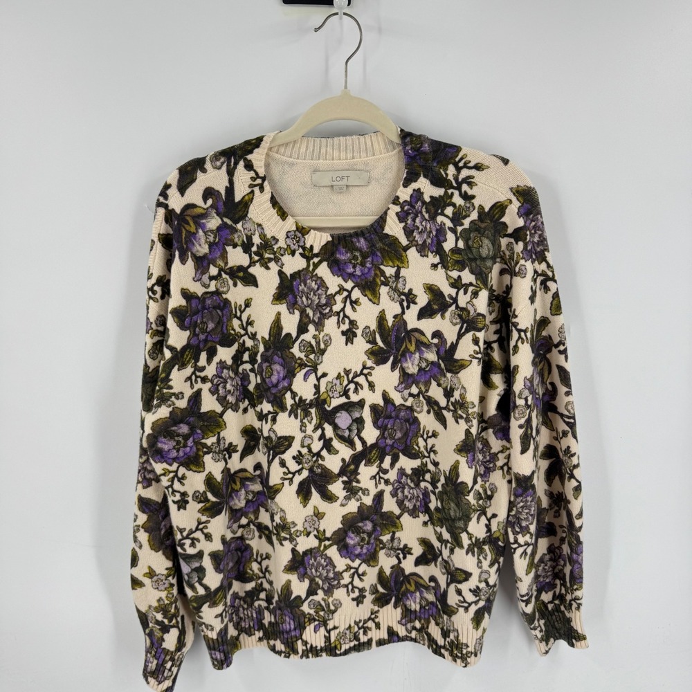LOFT Floral Crewneck Sweater Cream Purple L Floral Knit Botanical Soft Girl